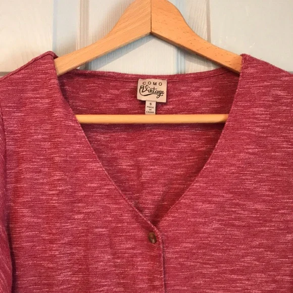 Como Vintage Women's S Red Fall Poly Rayon Button Knit Short Sleeve VNeck Top - Picture 3 of 6
